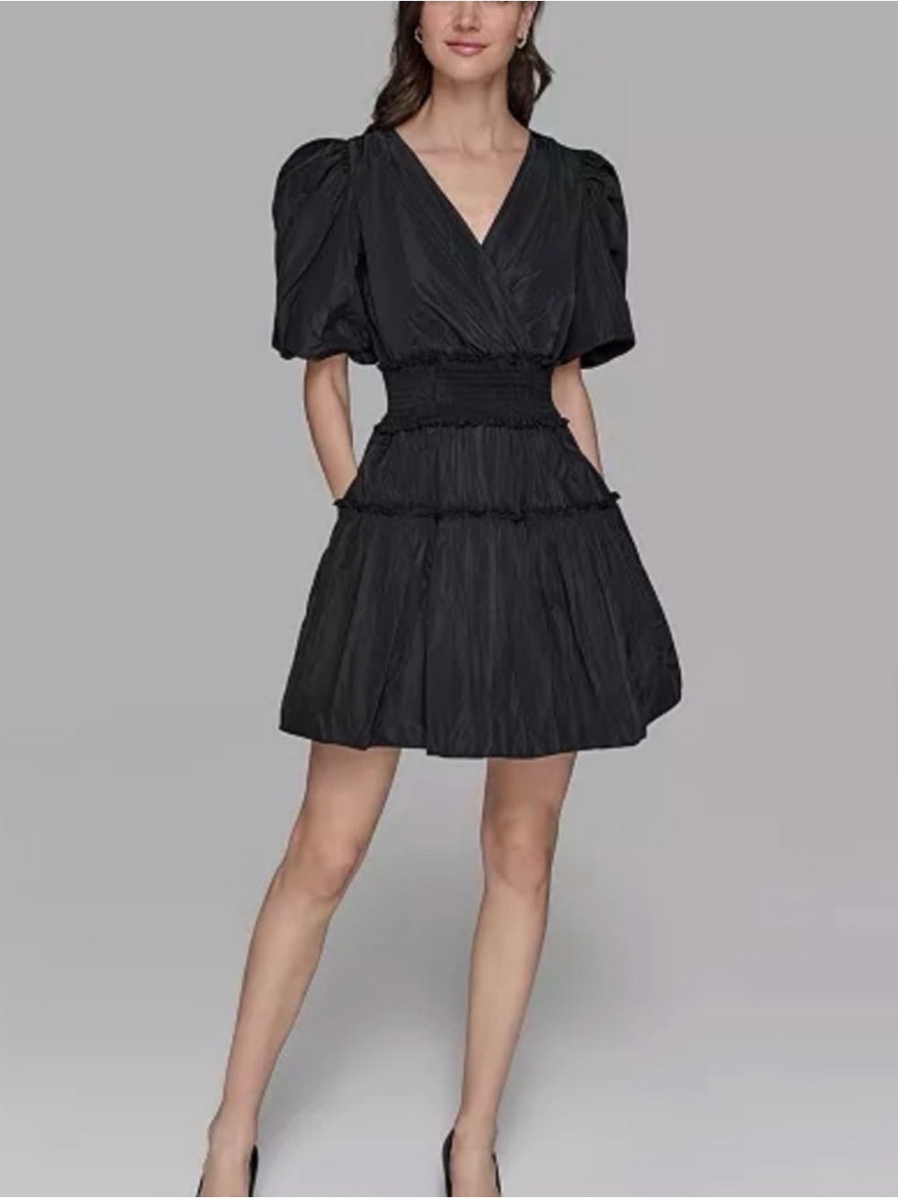Karl Lagerfeld Paris Black Puff Sleeve Cinch Waist Mini Dress